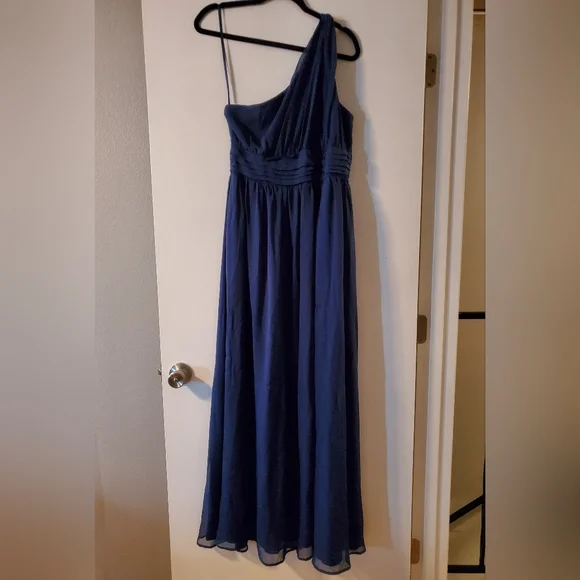 Tevolio One-Shoulder Navy Blue Chiffon David's Bridal Bridesmaid Party Dress 14 - Picture 3 of 10